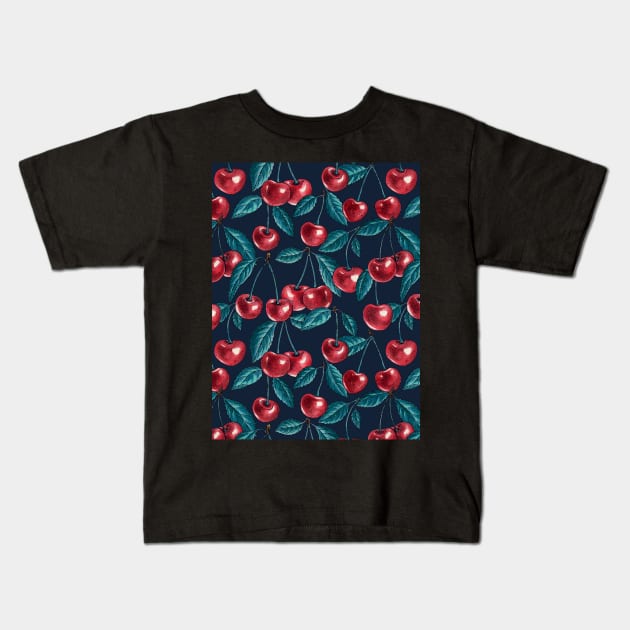 Red cherries on dark blue Kids T-Shirt by katerinamk